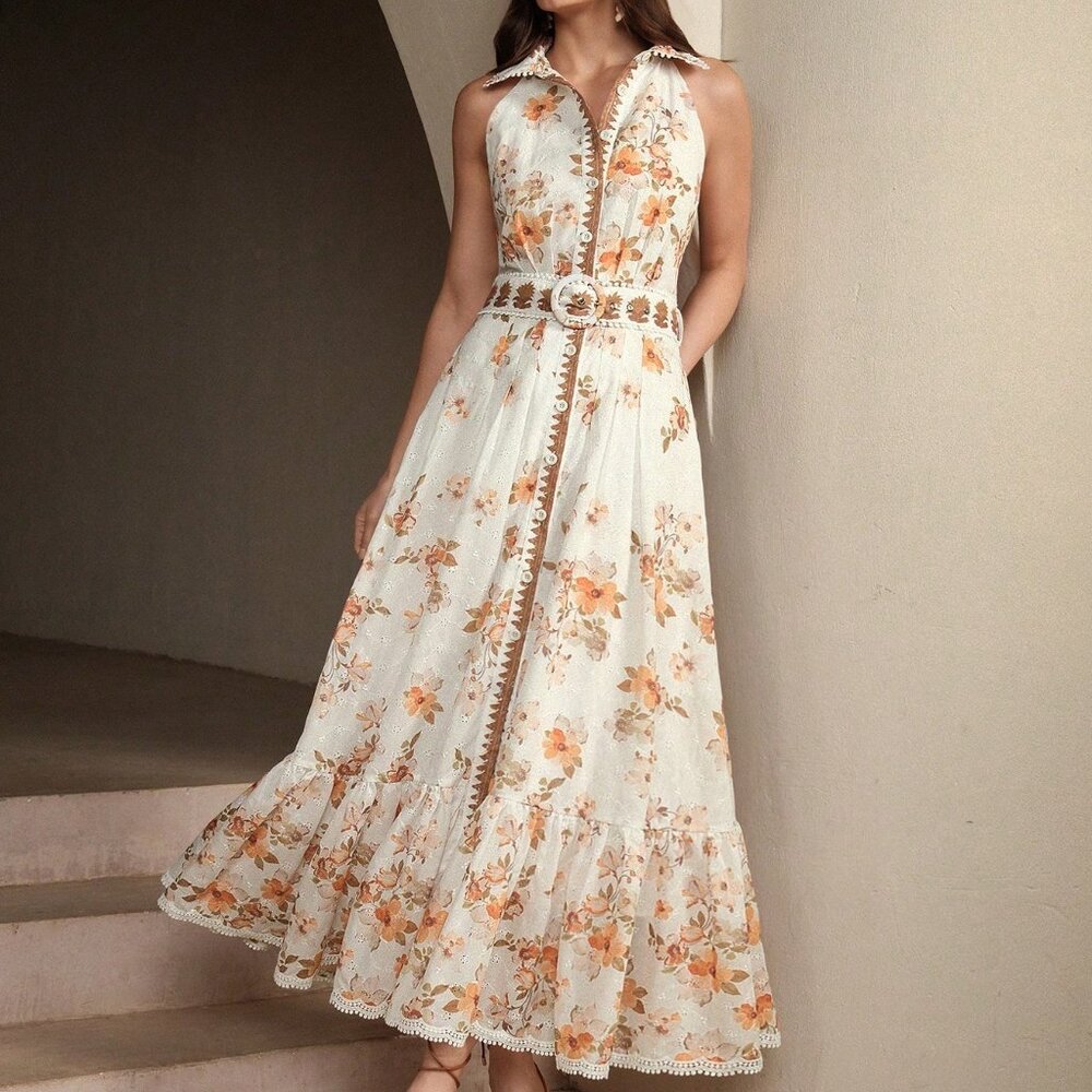 Orange Elegant Women's Sleeveless Floral Print Dress - Picture 12 of 13